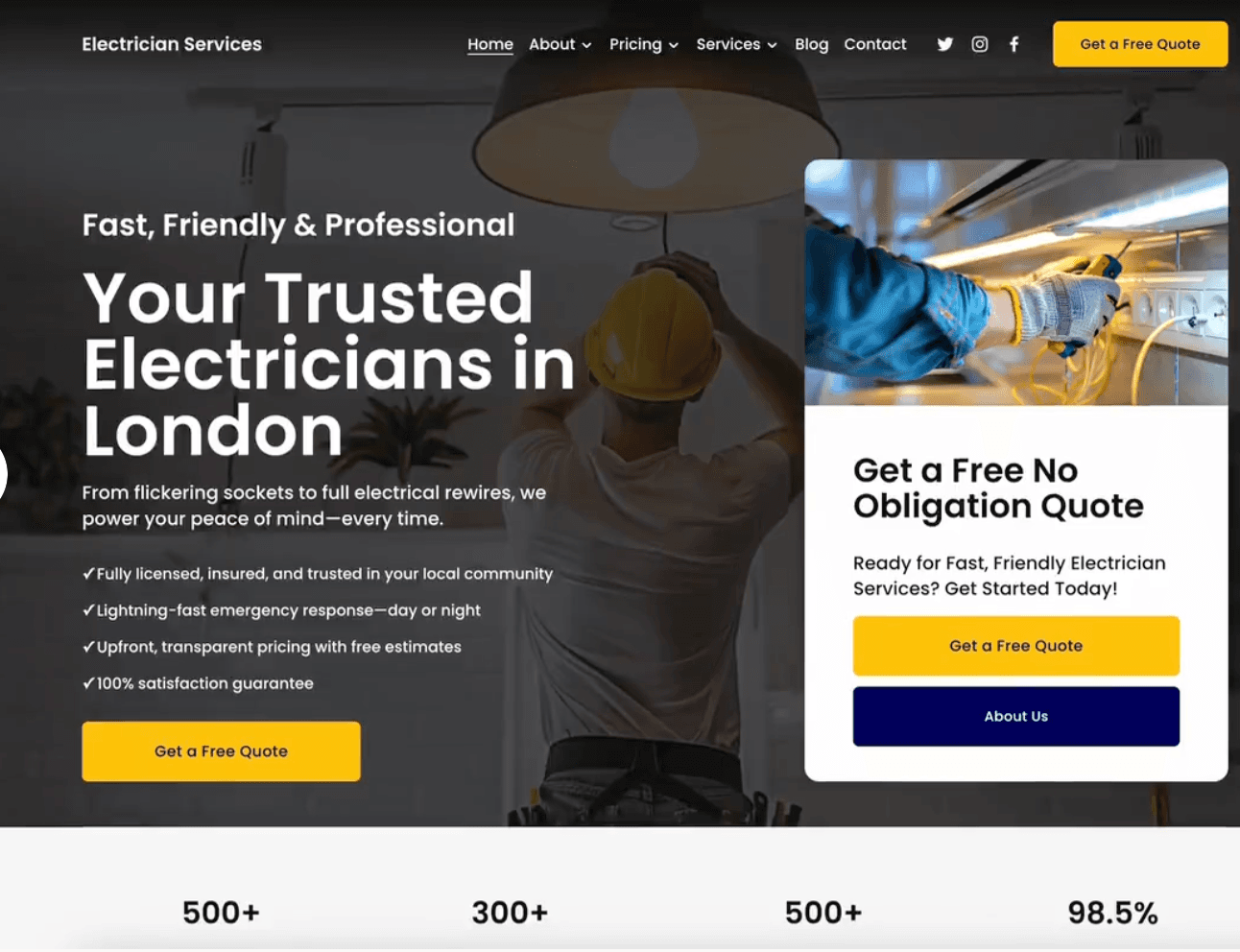 Example electrician website design with a free quote form