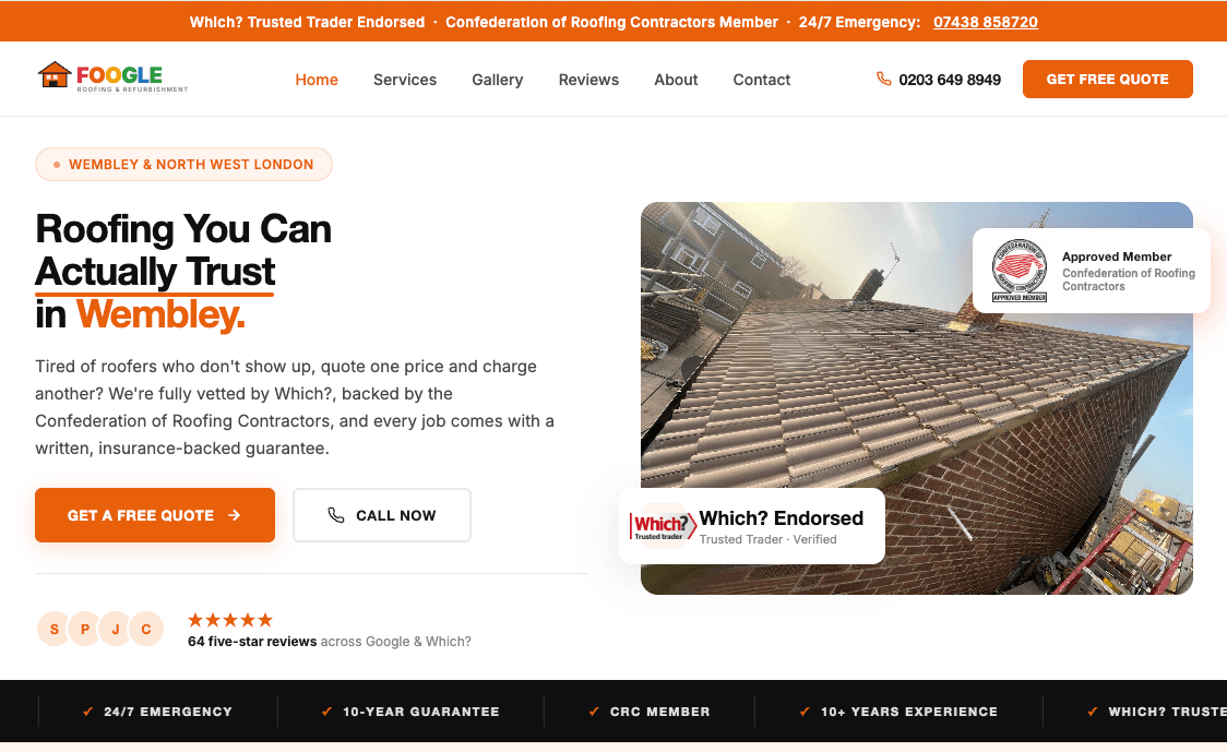 Foogle Roofing website built by LuminaX Marketing