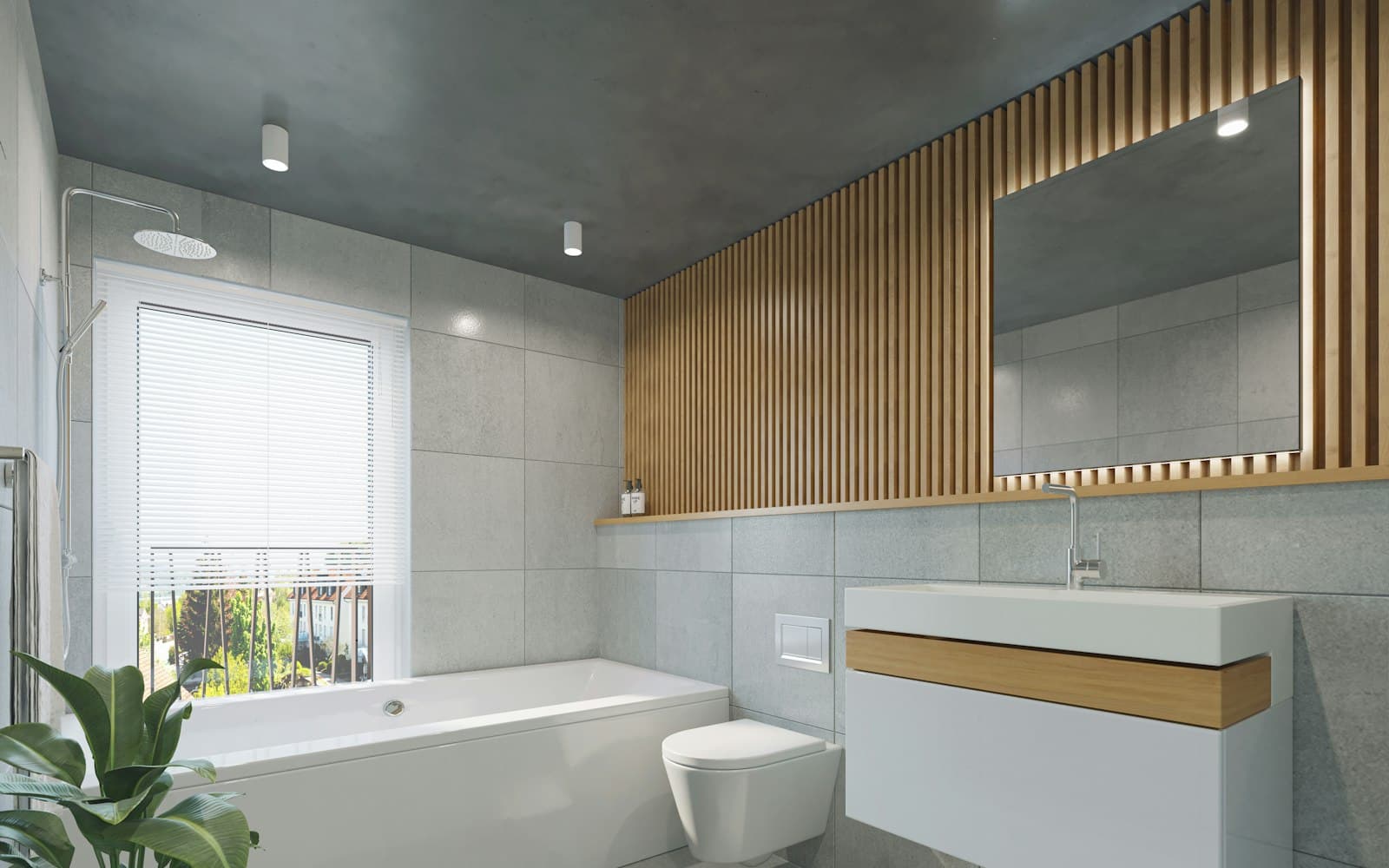 Newly fitted modern bathroom with bathtub